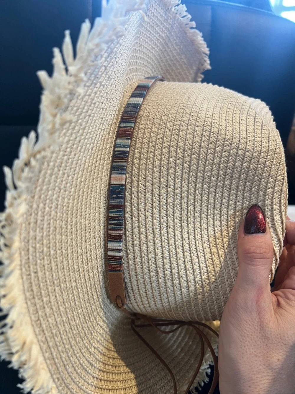 Straw Wide-Brim Sun Hat with Fringe and Beaded Band - Beige - Picture 5 of 5